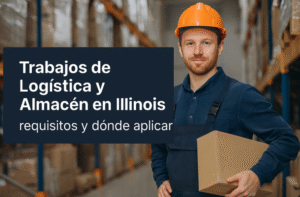 Imagen realista de un trabajador de almacén en Illinois con casco y caja,